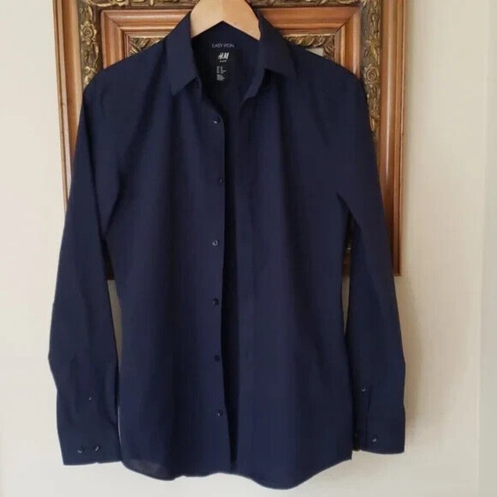 H&M Navy Blue Slim Fit Button Front Blouse Size - Womens XS